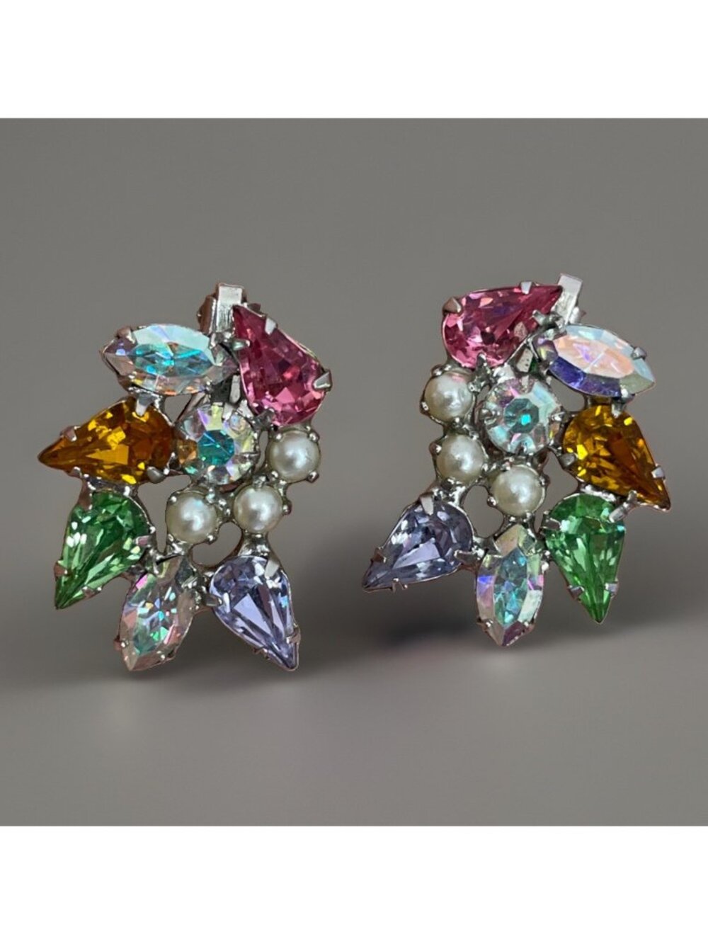 Vintage B David Colorful  Rhinestones Silver-Tone Clip On Earrings